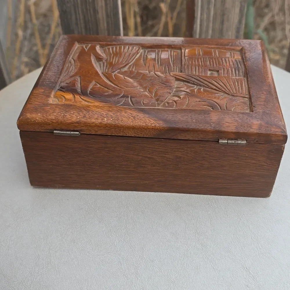 Vintage Hand Carved Wood Jewelry Box Mirror Red Velvet Lined Footed